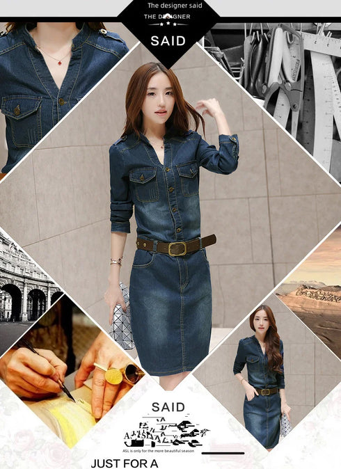 Slimming Women's Denim Dress Medium Length Short Sleeves Smooth Silhouette